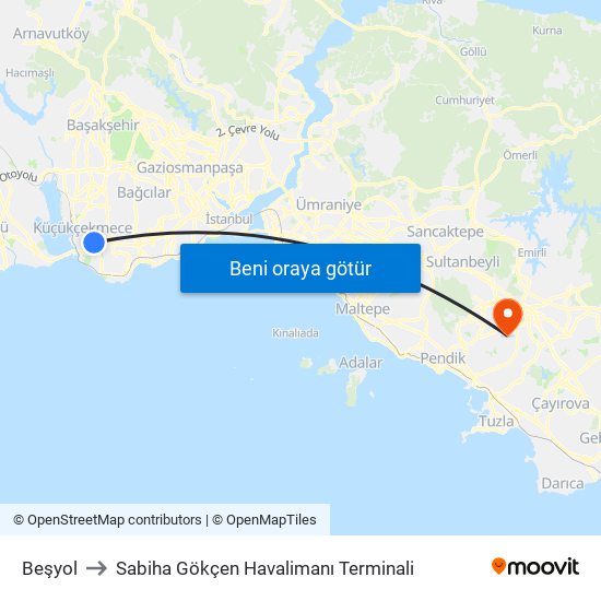 Beşyol to Sabiha Gökçen Havalimanı Terminali map