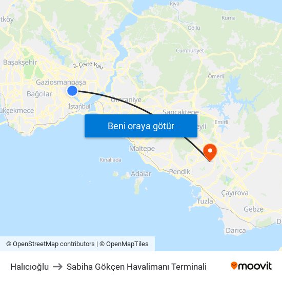 Halıcıoğlu to Sabiha Gökçen Havalimanı Terminali map