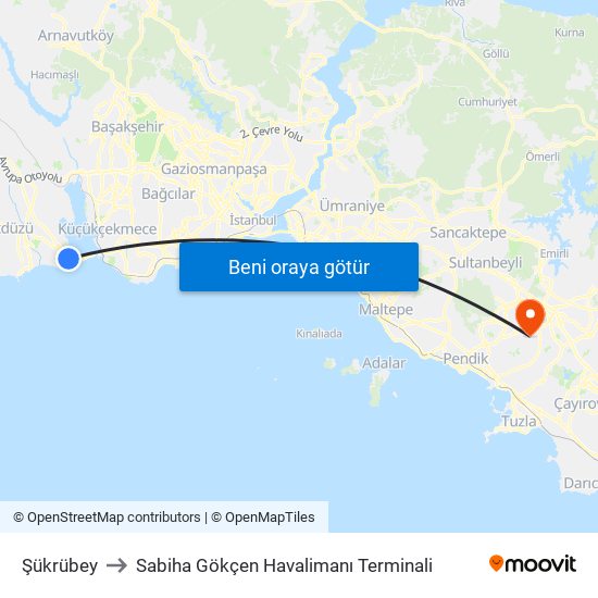 Şükrübey to Sabiha Gökçen Havalimanı Terminali map