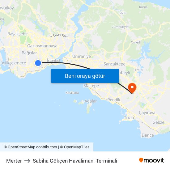 Merter to Sabiha Gökçen Havalimanı Terminali map