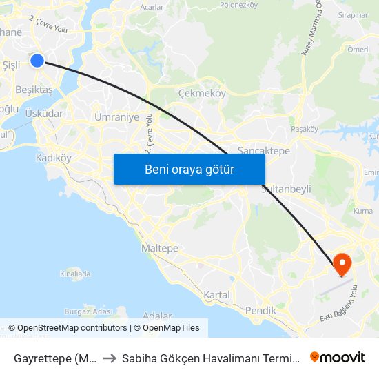 Gayrettepe (M2) to Sabiha Gökçen Havalimanı Terminali map