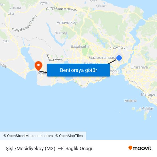 Şişli/Mecidiyeköy (M2) to Sağlık Ocağı map