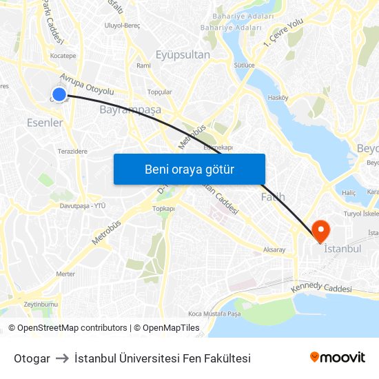 Otogar to İstanbul Üniversitesi Fen Fakültesi map