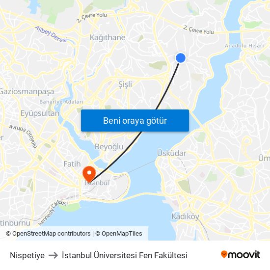 Nispetiye to İstanbul Üniversitesi Fen Fakültesi map