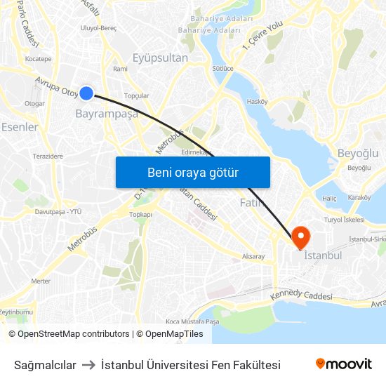 Sağmalcılar to İstanbul Üniversitesi Fen Fakültesi map