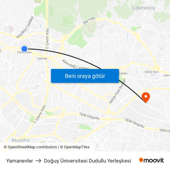 Yamanevler to Doğuş Üniversitesi Dudullu Yerleşkesi map