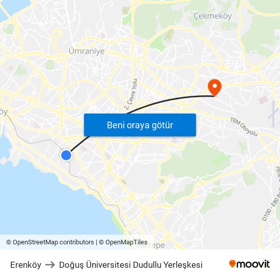 Erenköy to Doğuş Üniversitesi Dudullu Yerleşkesi map