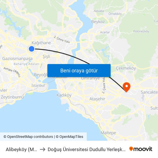 Alibeyköy (M7) to Doğuş Üniversitesi Dudullu Yerleşkesi map