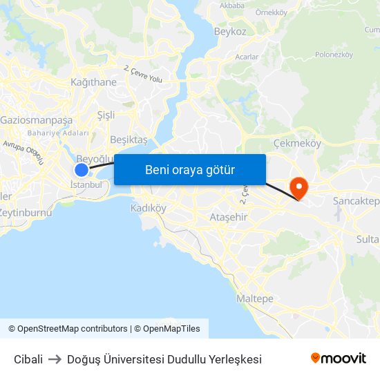 Cibali to Doğuş Üniversitesi Dudullu Yerleşkesi map