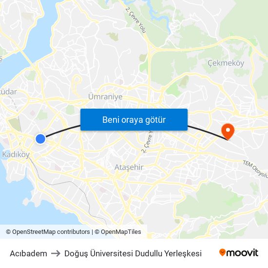 Acıbadem to Doğuş Üniversitesi Dudullu Yerleşkesi map