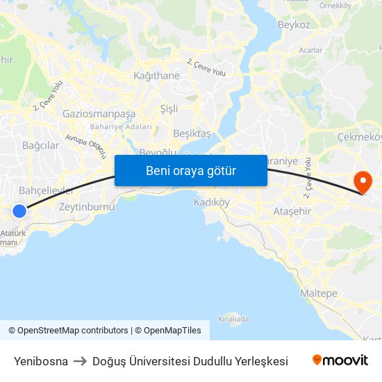 Yenibosna to Doğuş Üniversitesi Dudullu Yerleşkesi map