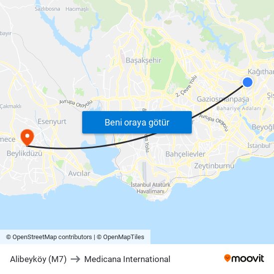 Alibeyköy (M7) to Medicana International map