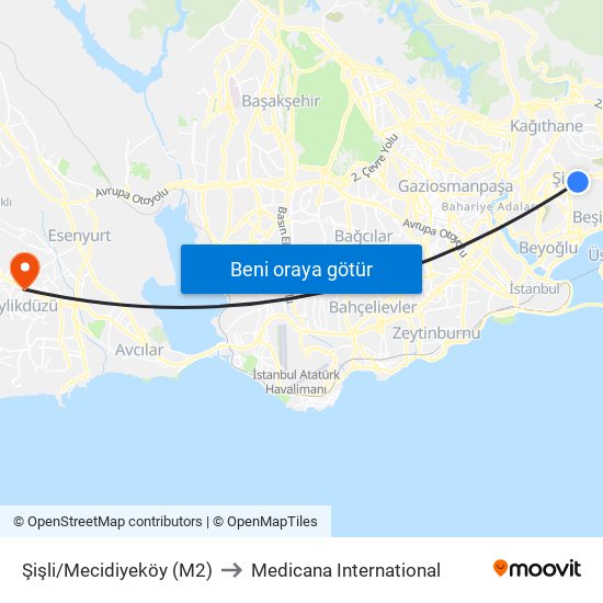 Şişli/Mecidiyeköy (M2) to Medicana International map