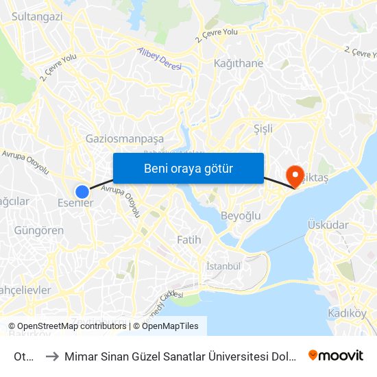 Otogar to Mimar Sinan Güzel Sanatlar Üniversitesi Dolmabahçe Yerleşkesi map