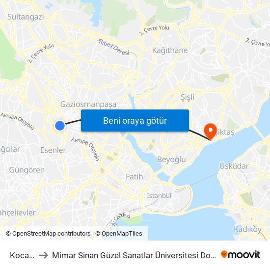 Kocatepe to Mimar Sinan Güzel Sanatlar Üniversitesi Dolmabahçe Yerleşkesi map