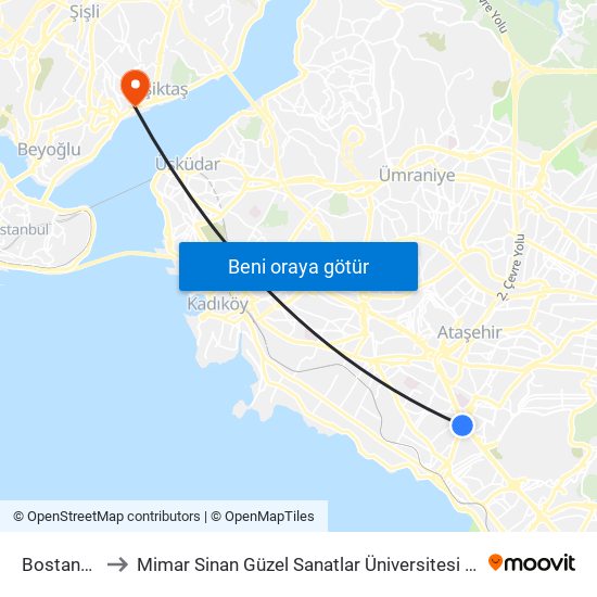 Bostancı (M4) to Mimar Sinan Güzel Sanatlar Üniversitesi Dolmabahçe Yerleşkesi map