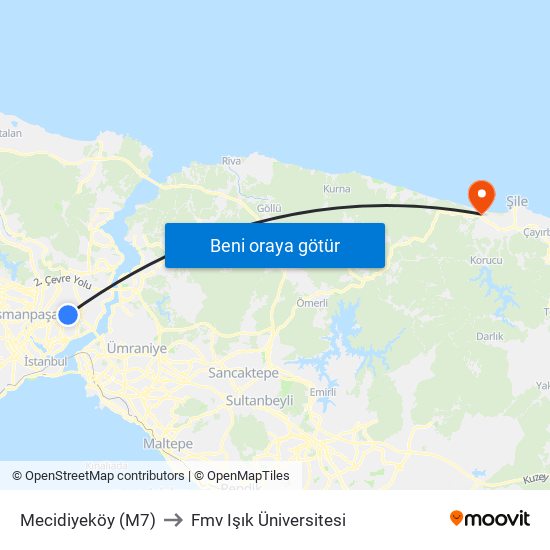 Mecidiyeköy (M7) to Fmv Işık Üniversitesi map