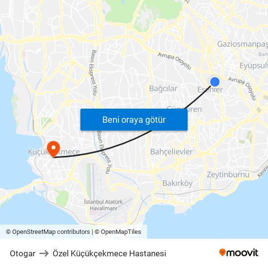 Otogar to Özel Küçükçekmece Hastanesi map