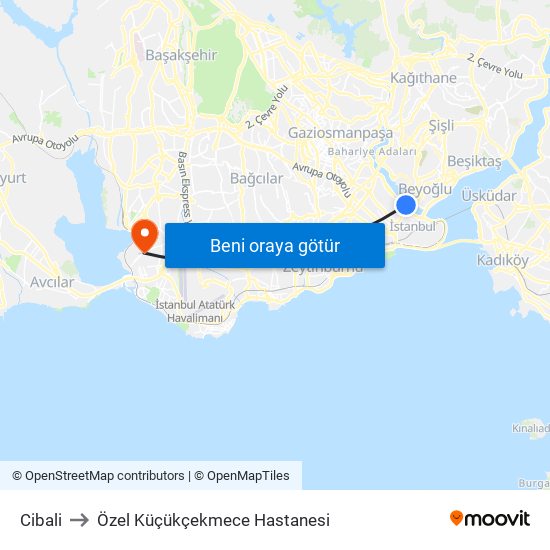 Cibali to Özel Küçükçekmece Hastanesi map