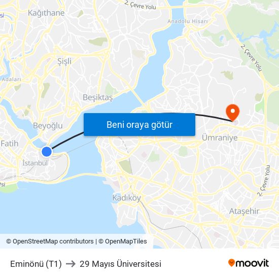 Eminönü (T1) to 29 Mayıs Üniversitesi map