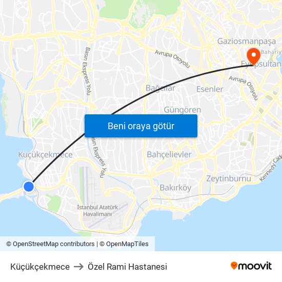 Küçükçekmece to Özel Rami Hastanesi map