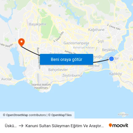 Üsküdar to Kanuni Sultan Süleyman Eğitim Ve Araştırma Hastanesi map