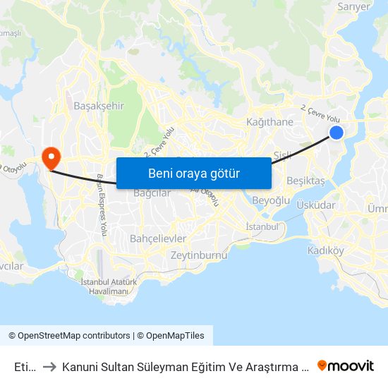 Etiler to Kanuni Sultan Süleyman Eğitim Ve Araştırma Hastanesi map