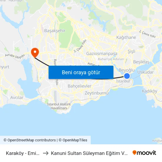 Karaköy - Eminönü Yönü to Kanuni Sultan Süleyman Eğitim Ve Araştırma Hastanesi map
