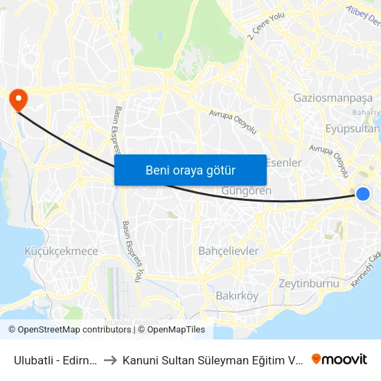 Ulubatli - Edirnekapi Yönü to Kanuni Sultan Süleyman Eğitim Ve Araştırma Hastanesi map