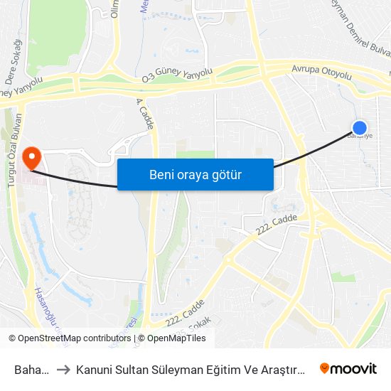 Bahariye to Kanuni Sultan Süleyman Eğitim Ve Araştırma Hastanesi map