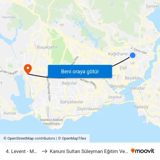 4. Levent - Maslak Yönü to Kanuni Sultan Süleyman Eğitim Ve Araştırma Hastanesi map