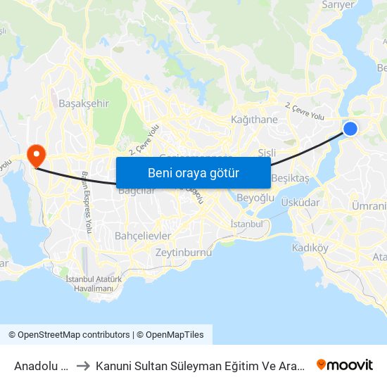 Anadolu Hisarı to Kanuni Sultan Süleyman Eğitim Ve Araştırma Hastanesi map