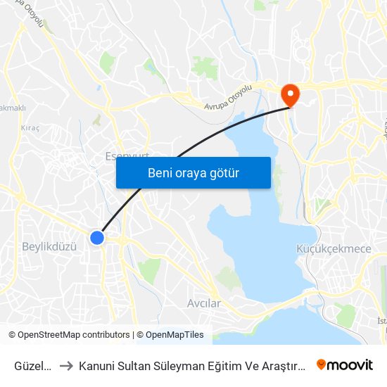 Güzelyurt to Kanuni Sultan Süleyman Eğitim Ve Araştırma Hastanesi map