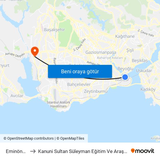 Eminönü (T1) to Kanuni Sultan Süleyman Eğitim Ve Araştırma Hastanesi map