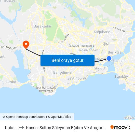 Kabataş to Kanuni Sultan Süleyman Eğitim Ve Araştırma Hastanesi map