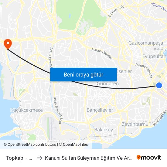 Topkapı - Ulubatlı to Kanuni Sultan Süleyman Eğitim Ve Araştırma Hastanesi map