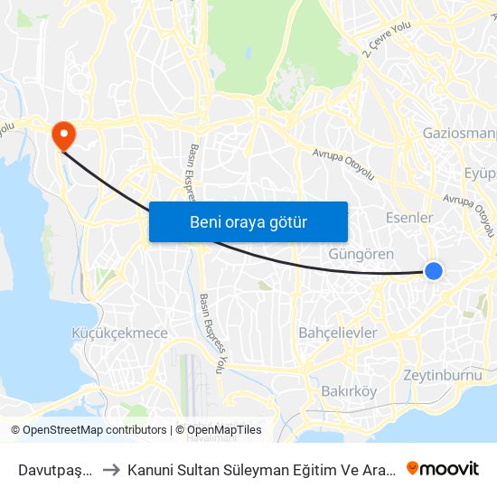Davutpaşa - Ytü to Kanuni Sultan Süleyman Eğitim Ve Araştırma Hastanesi map