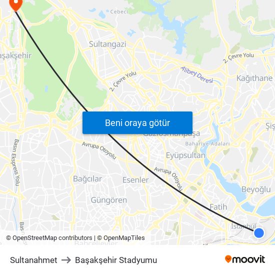 Sultanahmet to Başakşehir Stadyumu map