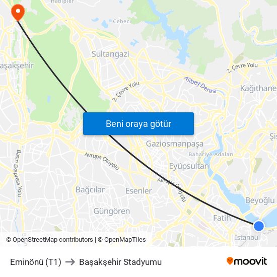 Eminönü (T1) to Başakşehir Stadyumu map