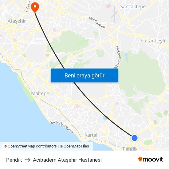 Pendik to Acıbadem Ataşehir Hastanesi map