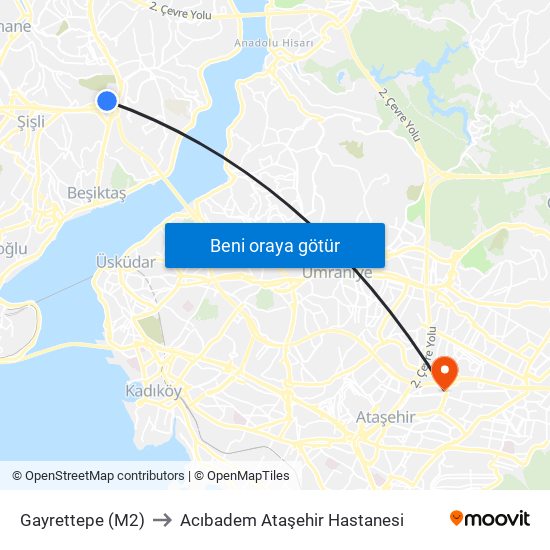 Gayrettepe (M2) to Acıbadem Ataşehir Hastanesi map