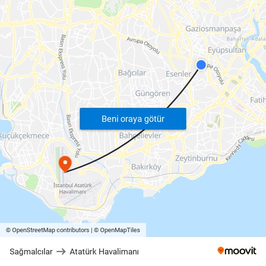 Sağmalcılar to Atatürk Havalimanı map
