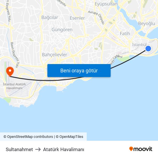 Sultanahmet to Atatürk Havalimanı map