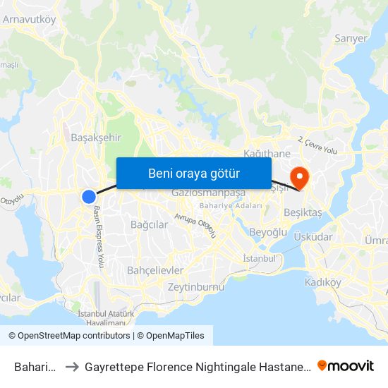 Bahariye to Gayrettepe Florence Nightingale Hastanesi map