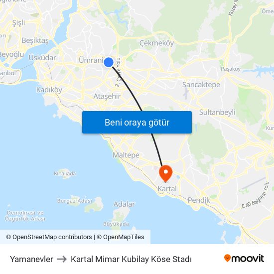 Yamanevler to Kartal Mimar Kubilay Köse Stadı map