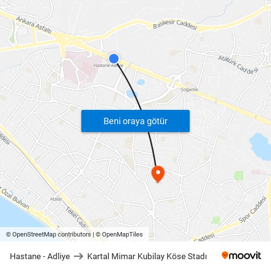 Hastane - Adliye to Kartal Mimar Kubilay Köse Stadı map