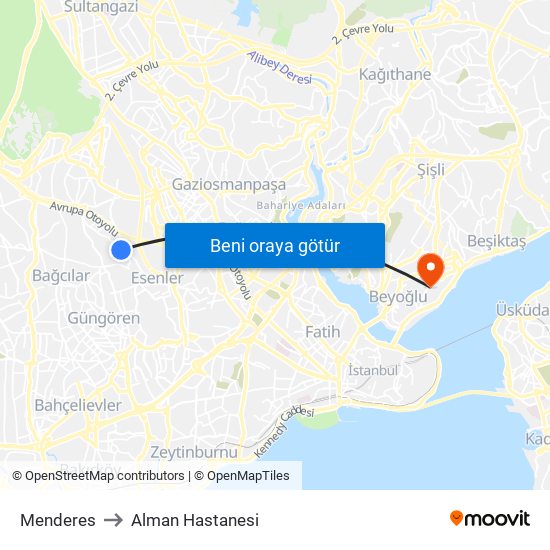 Menderes to Alman Hastanesi map