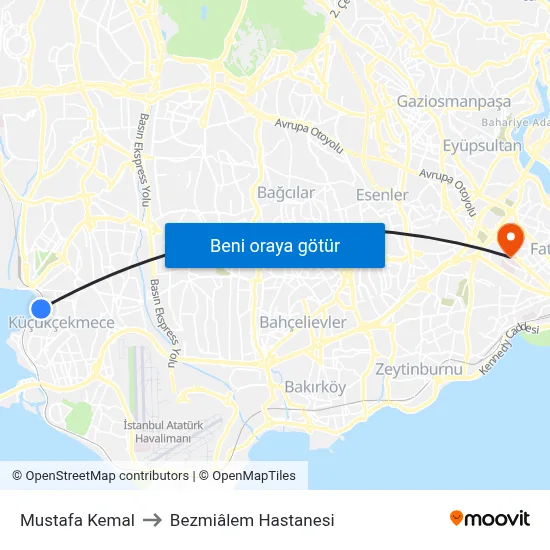 Mustafa Kemal to Bezmiâlem Hastanesi map
