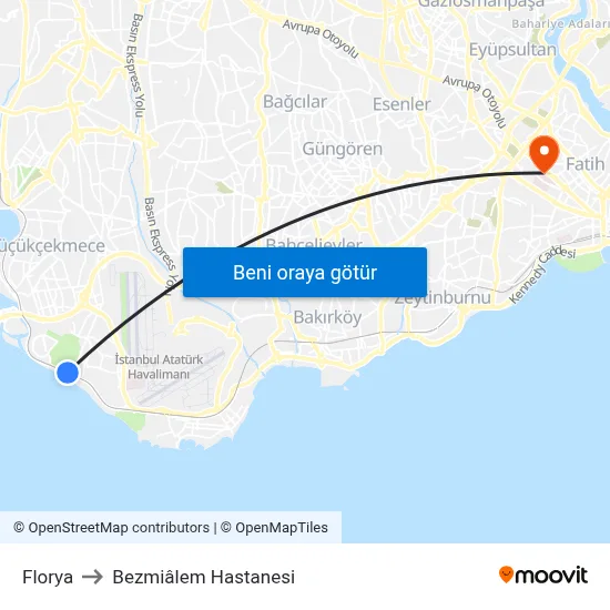 Florya to Bezmiâlem Hastanesi map