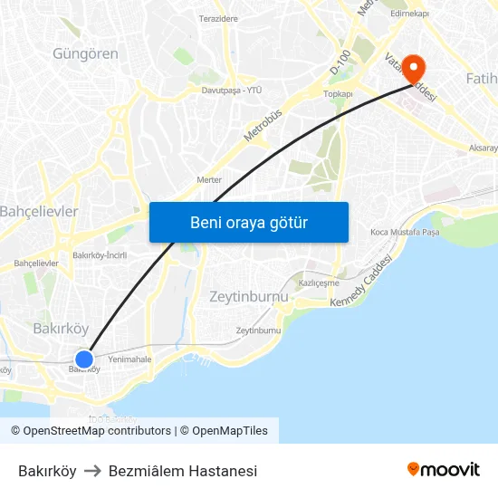 Bakırköy to Bezmiâlem Hastanesi map